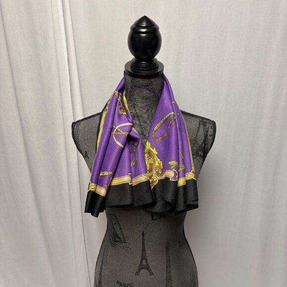 Purple Black Equestrian Square Scarf Gold Stirrups Horn Design Vintage - Picture 7 of 8